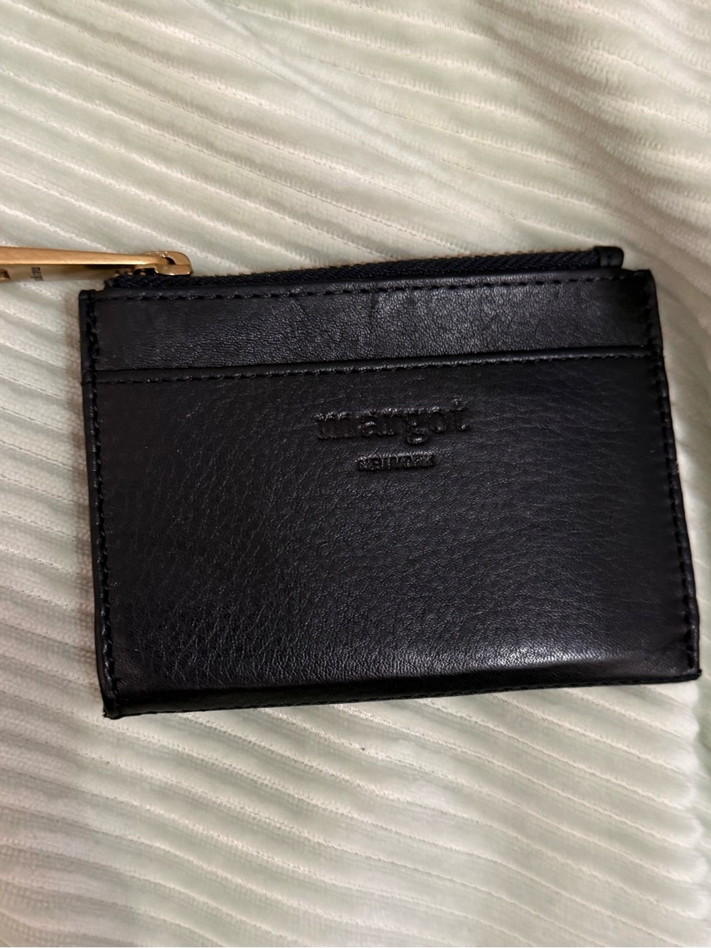 Margot Black Soft Leather Card Holder gold accent zipper Unisex great condition
